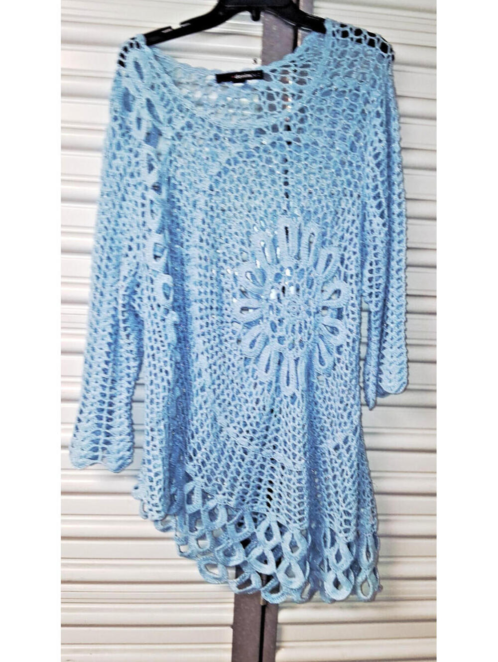 Gorgeous Denim 24/7 Plus Size 1X Blue Crochet Slanted Long Tunic Sweater Top